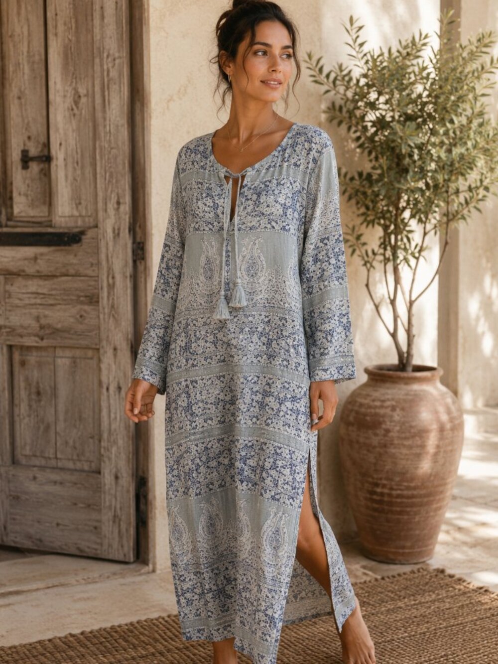 Calypso Silk Blend Tunic Long Sleeve Paisley SZM Coverup Boho Resort Vacation